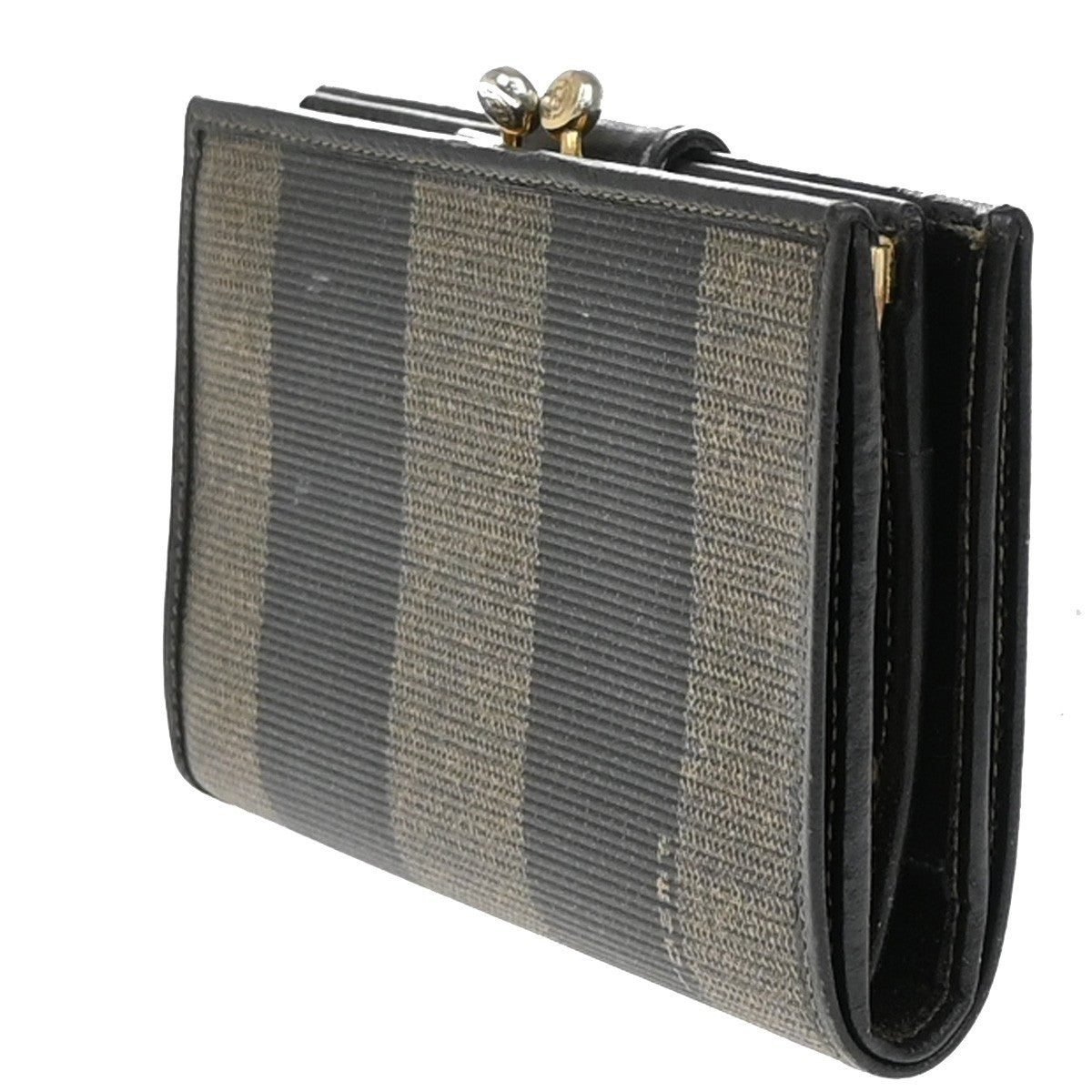 FENDI Logo Pequin Pattern Bifold Comapct Wallet PVC Leather Brown Italy 07EF564