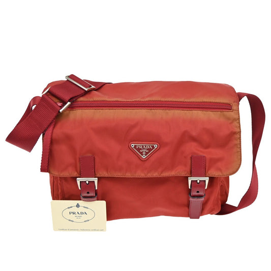 PRADA MILANO Logo Tessuto Hobo Shoulder Messenger Bag Nylon Leather Red 30ZA207