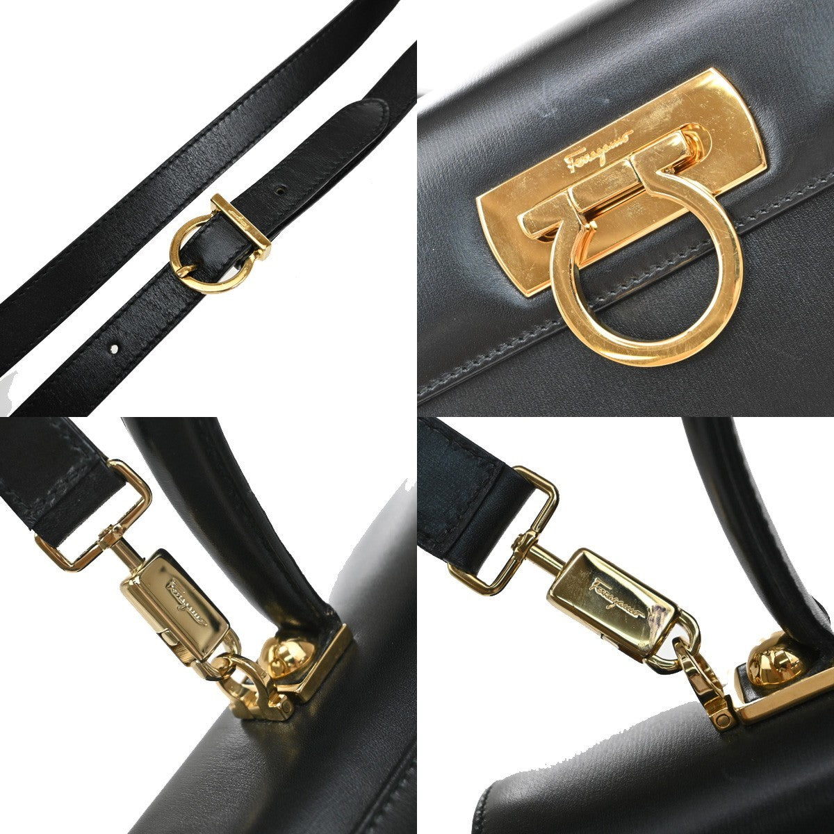 SALVATORE FERRAGAMO Logo Gancini Hand Bag Leather Black GHW Italy 84RF671
