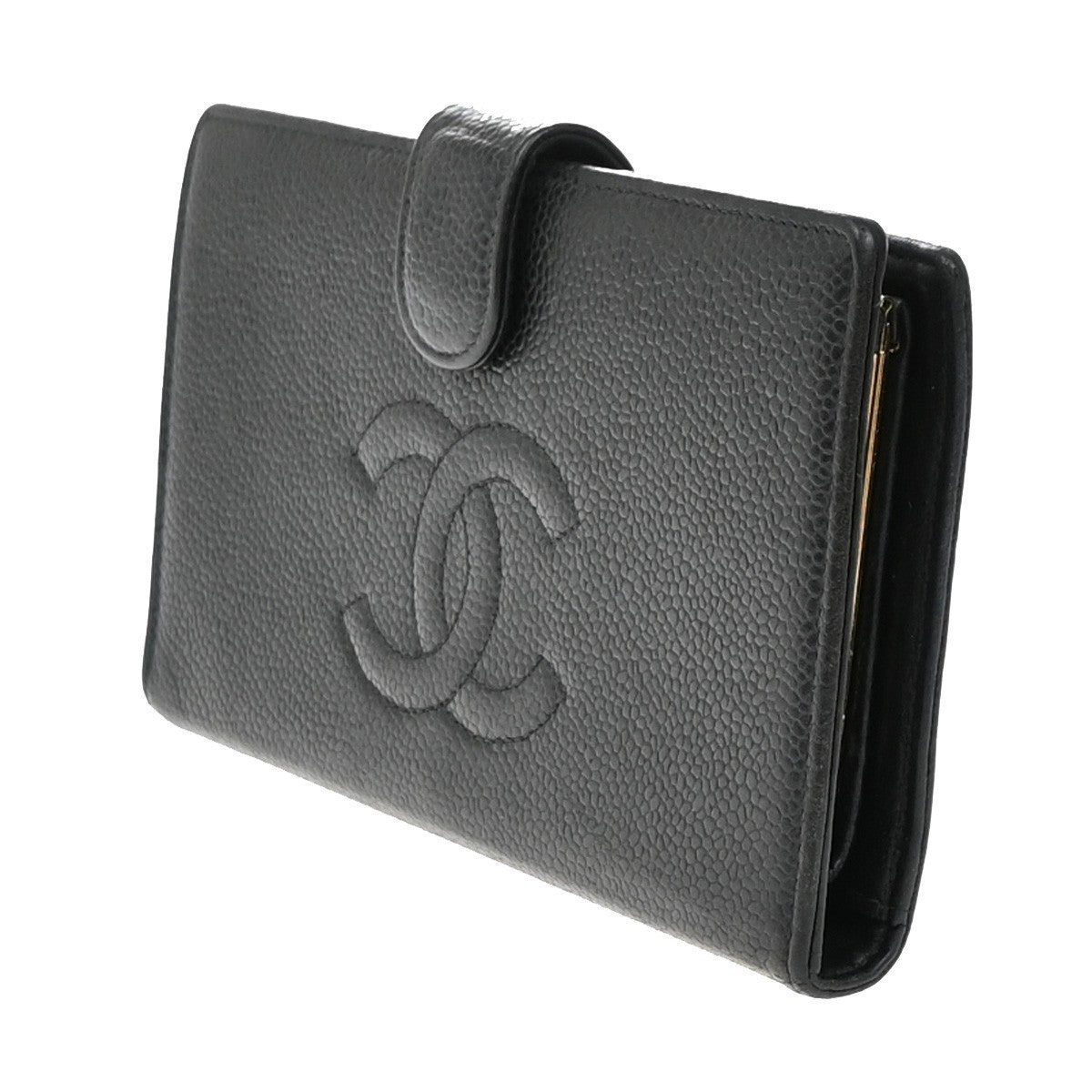 CHANEL CC LOGO Long Bifold Wallet Grained Calfskin Leather Black France 16RF965