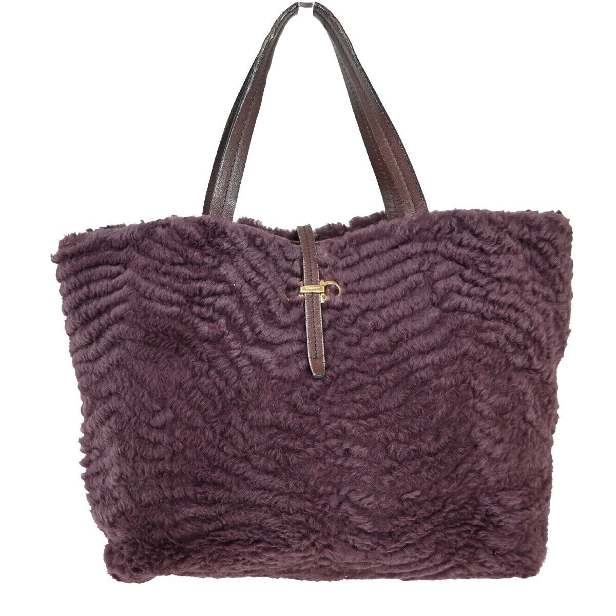 SALVATORE FERRAGAMO Logo Gancini Hand Bag Fur Leather Purple GHW Italy 09YD551