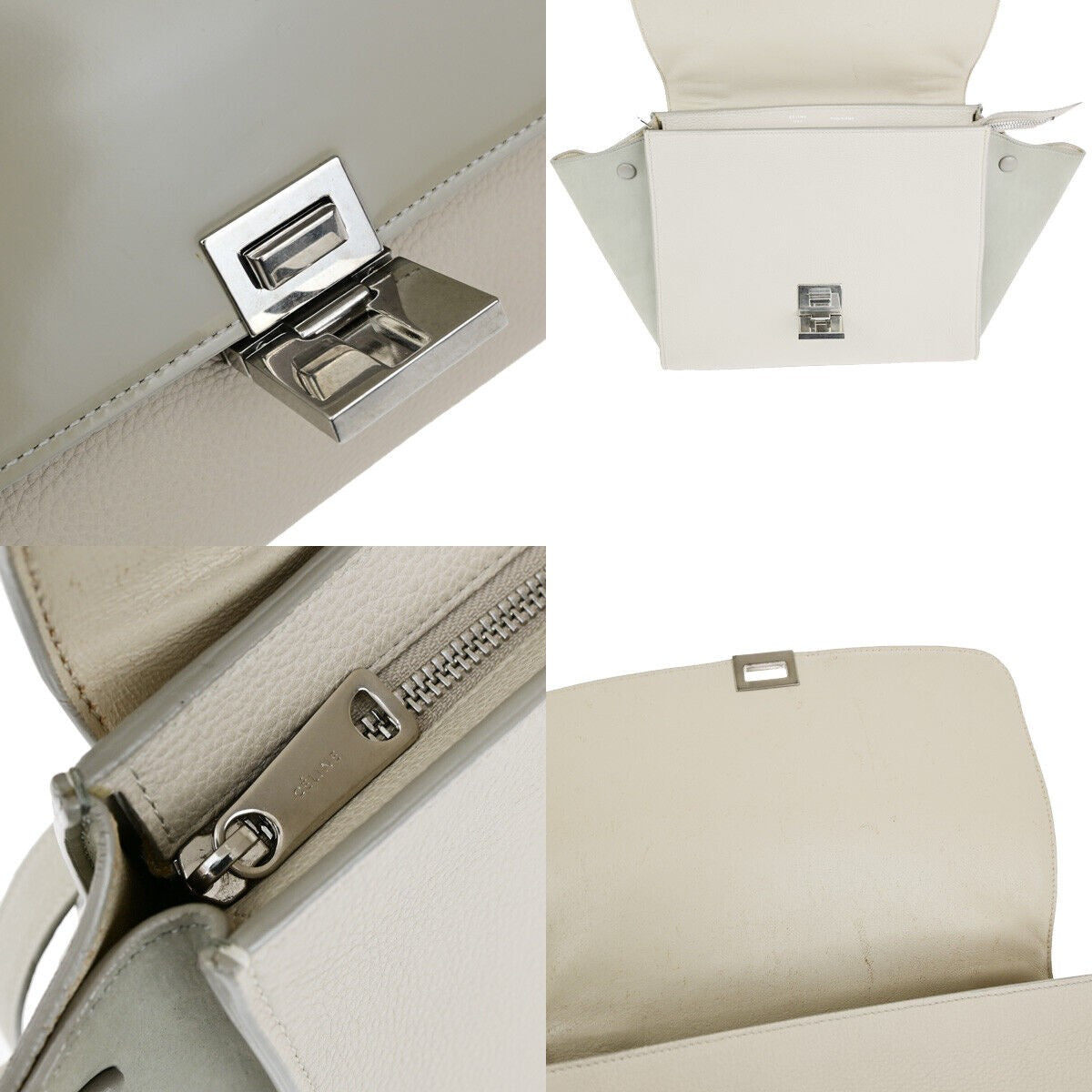 CELINE Logo Trapeze 2Way Shoulder Hand Bag Suede Patent Leather Beige 83YF548