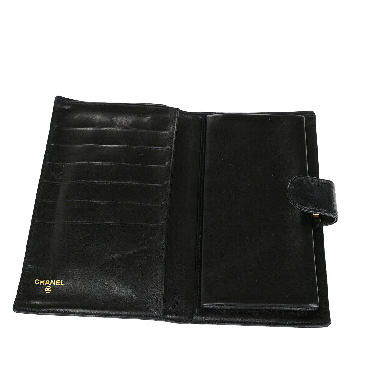 CHANEL CC Logo Long Bifold Wallet Purse Leather Black GHW Vintage 66RJ939