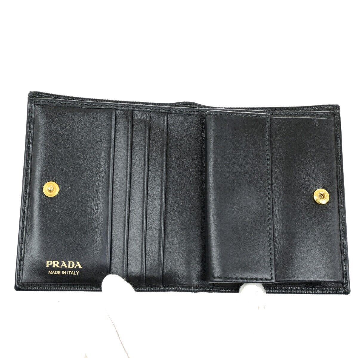 PRADA MILANO Logo Bifold Compact Wallet Vitello Move Leather Black Gold 61ED448