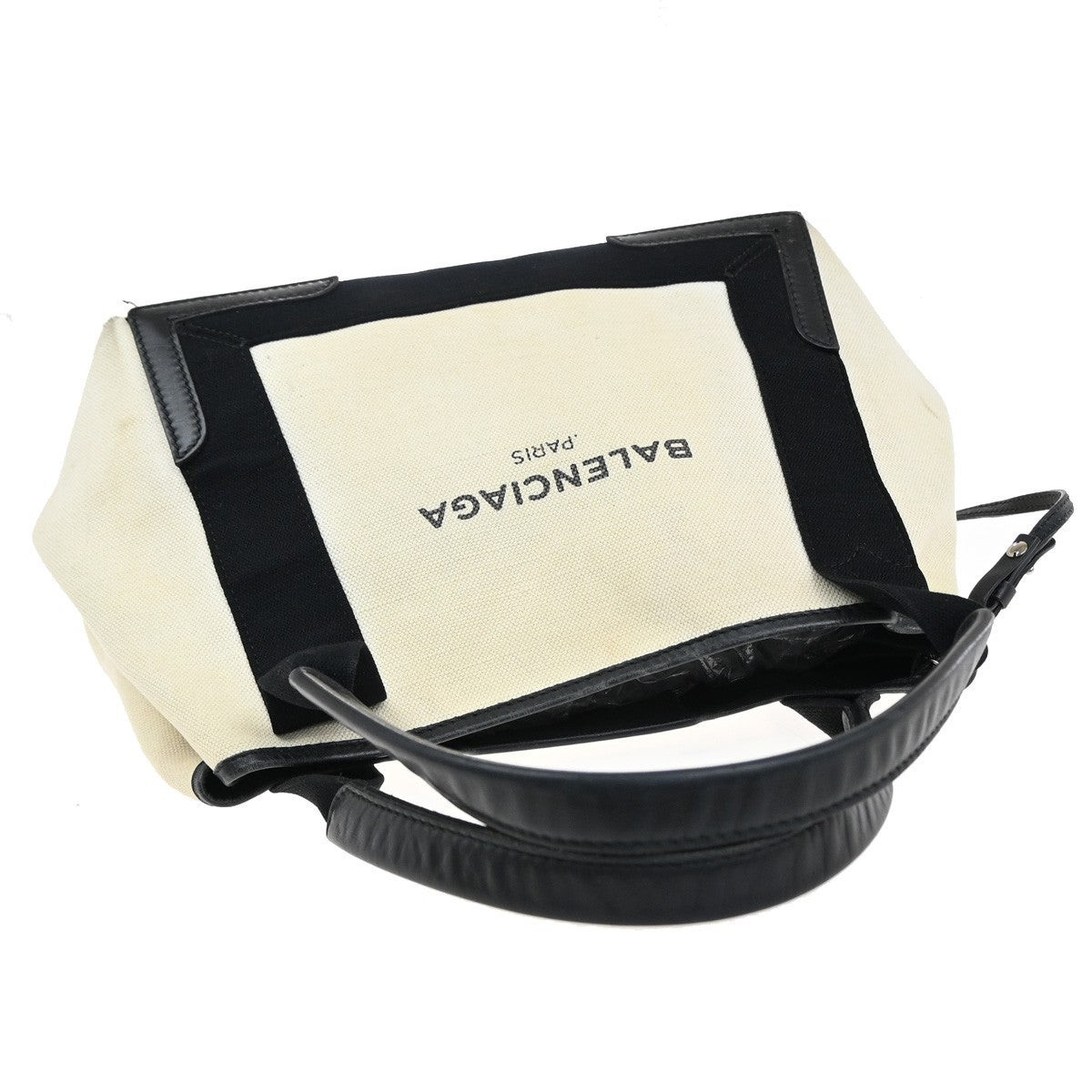 BALENCIAGA Navy Cabas S Shoulder Hand Bag Canvas Leather White Black 66EF982