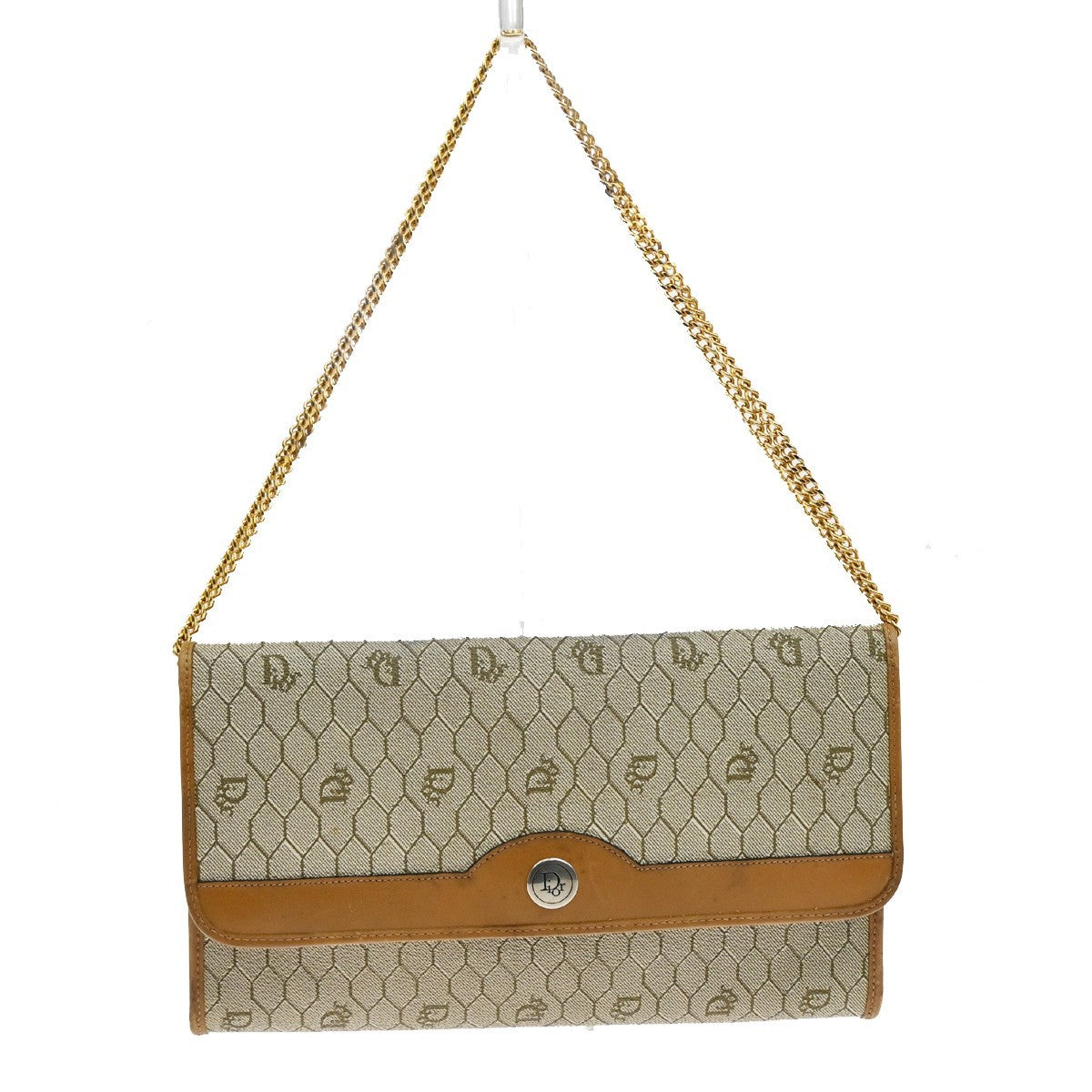 CHRISTIAN DIOR Logo Honey comb Chain Shoulder Bag PVC Leather GHW Beige 65KB707