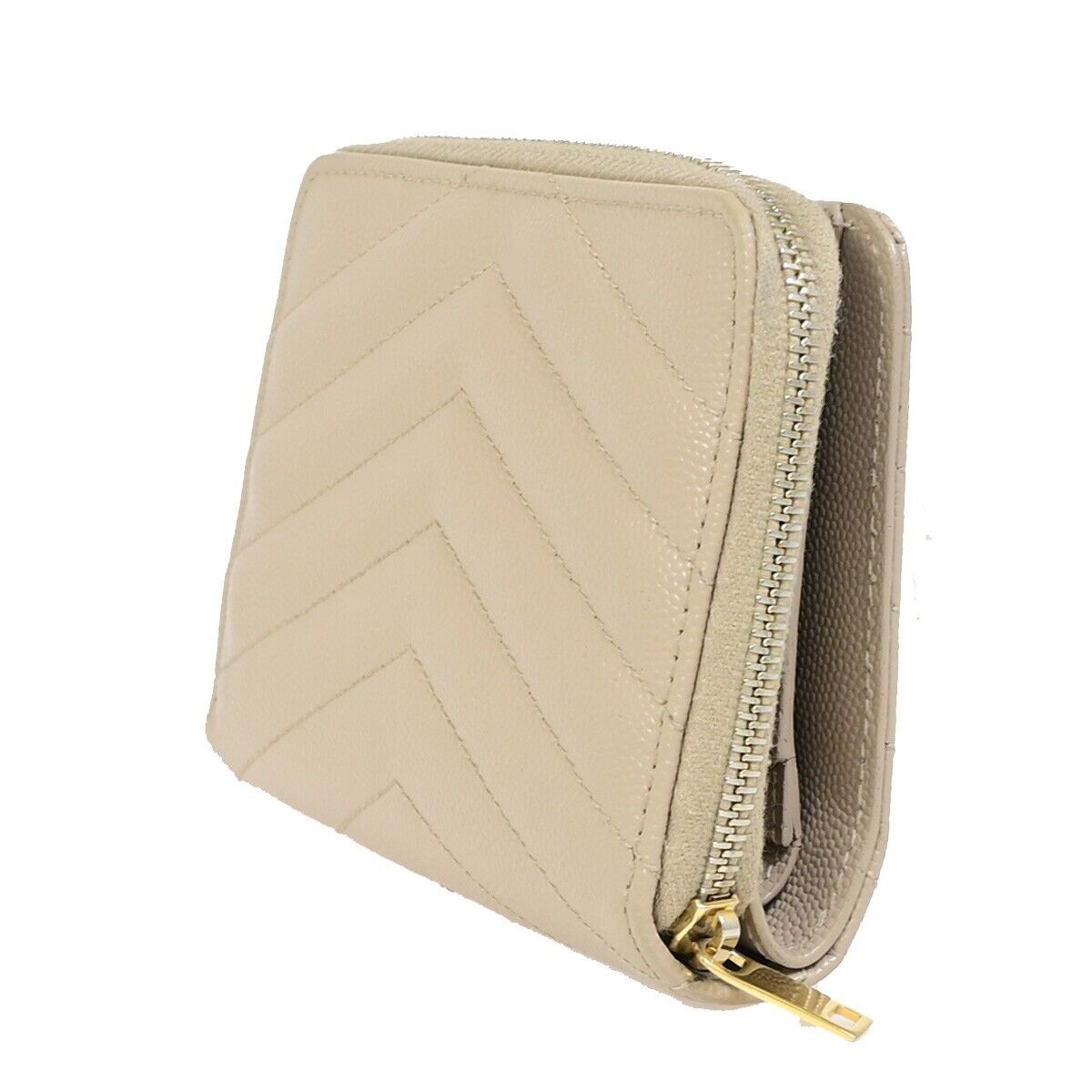 SAINT LAURENT YSL Logo Compact Bifold Wallet Purse Leather Beige GHW 38EC602