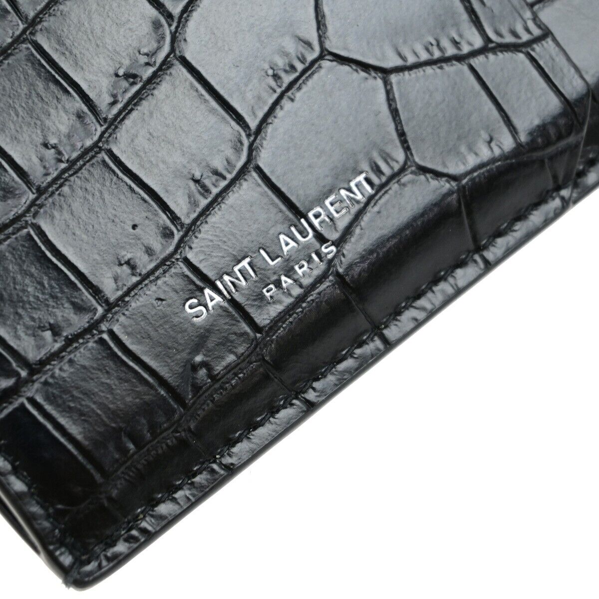SAINT LAURENT Logo Compact Card Case Coin Wallet Embossing Leather Black 62EE084