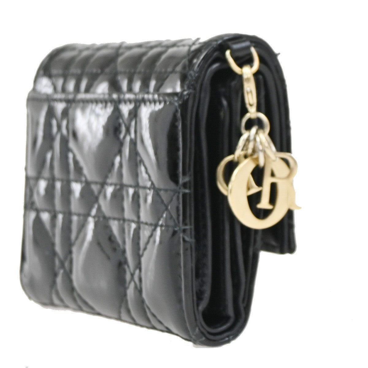 CHRISTIAN DIOR Logo Cannage Trifold Compact Wallet Patent Leather Black 34KC613