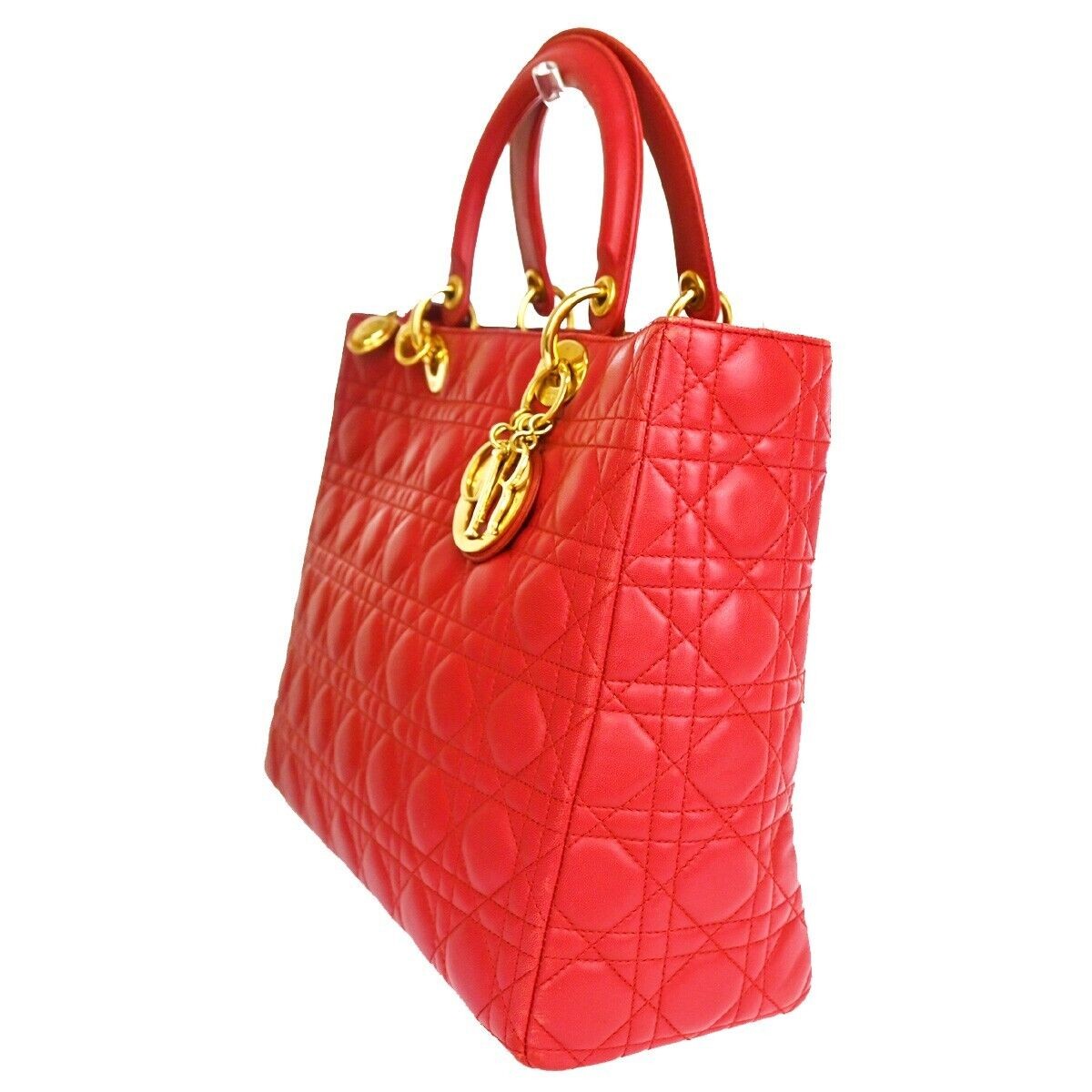 CHRISTIAN DIOR Lady Cannage 2Way Shoulder Hand Tote Bag Leather Red GHW 675RJ337