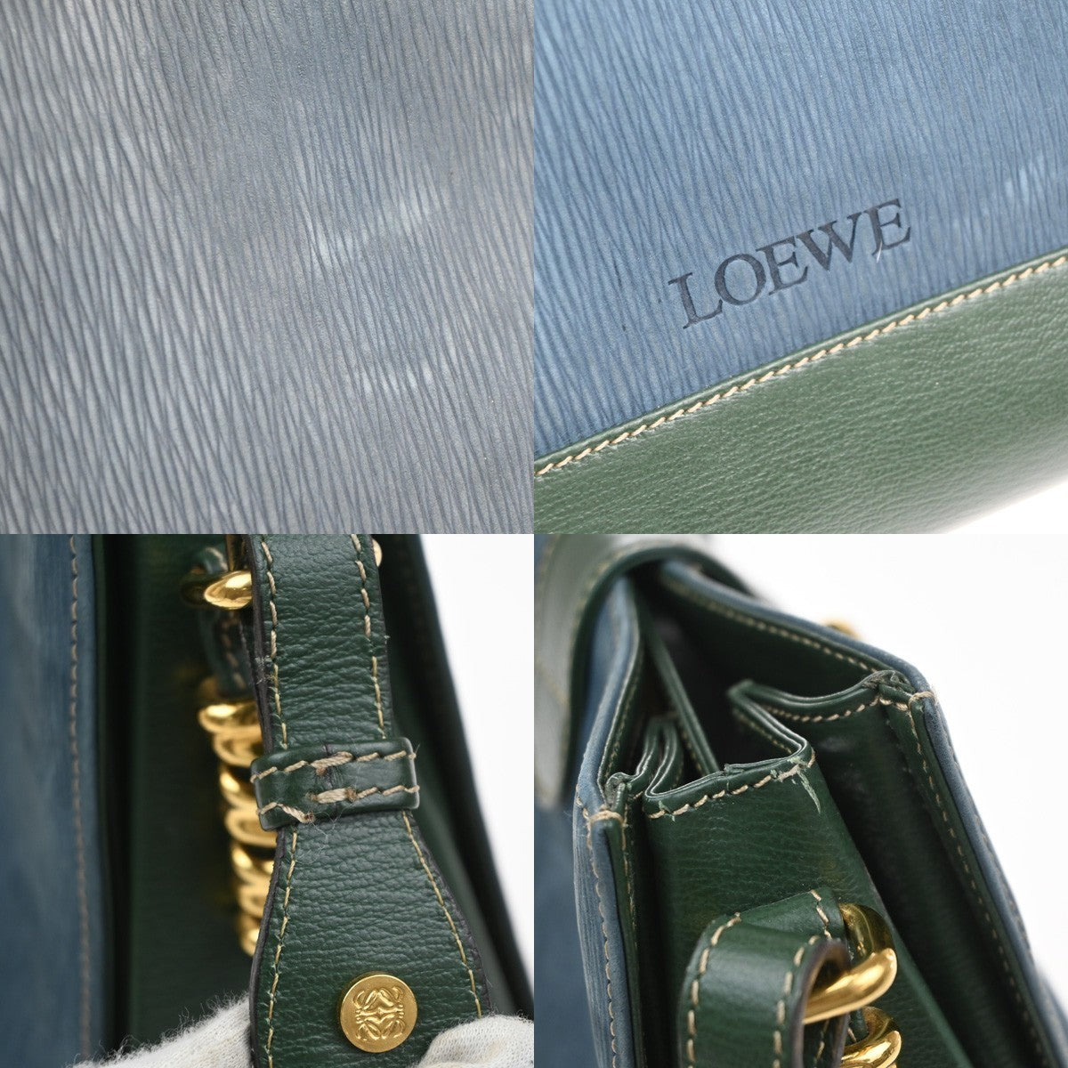 LOEWE Velazquez Logo Shoulder Bag Suede Leather Green Blue GHW Spain 97MA549