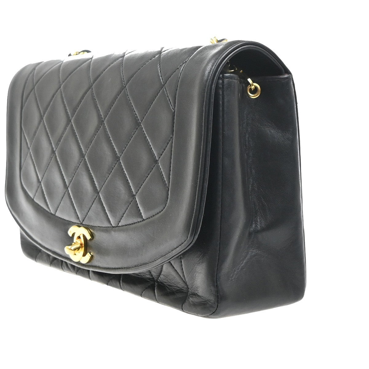 CHANEL CC Diana 25 Matelasse Chain Shoulder Bag Leather Black Vintage 359RL947