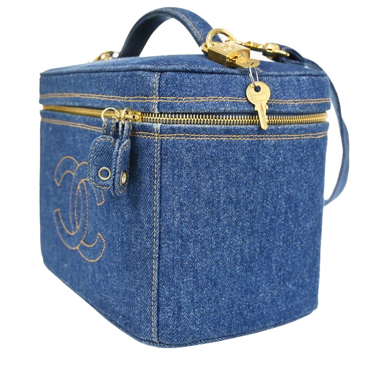 CHANEL CC Logo 2Way Shoulder Hand Vanity Bag Denim Leather Blue Vintage 744RH823