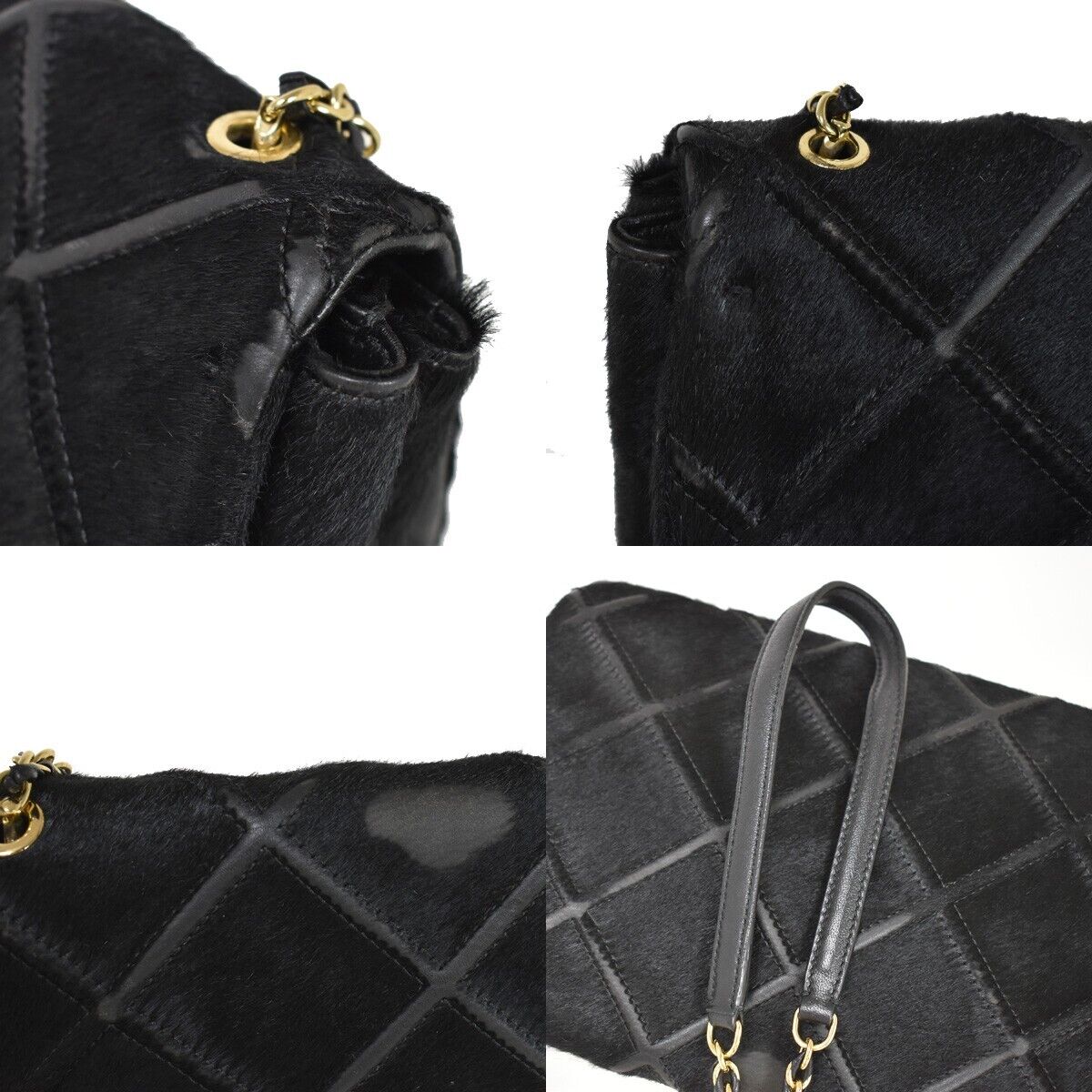 SALVATORE FERRAGAMO Vara Chain Shoulder Bag Fur Leather Black Gold Italy 67GA804