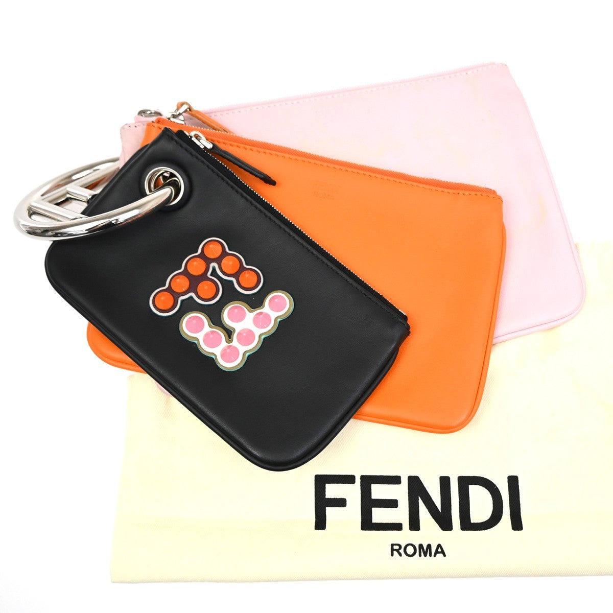 FENDI 3 Set Clutch Pouch Bag Leather Orange Pink Black SHW 34TA570