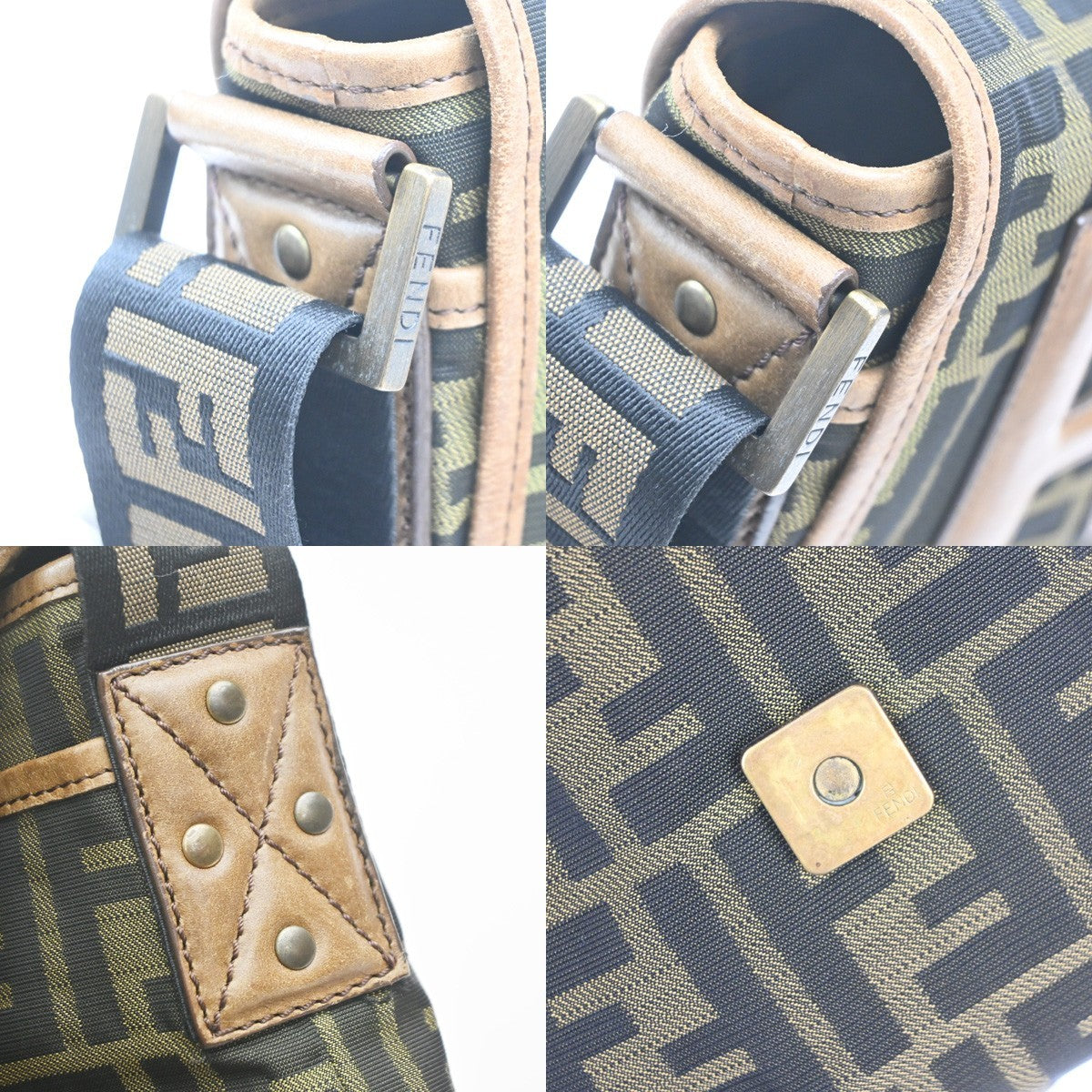 FENDI FF Logo Zucca Pattern Shoulder Bag Canvas Leather Khaki GHW Italy 71MA559