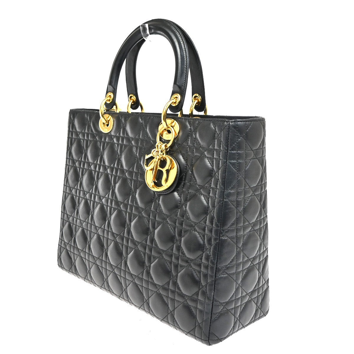 CHRISTIAN DIOR Lady Cannage Hand Tote Bag Leather Black Gold Italy 653RL740