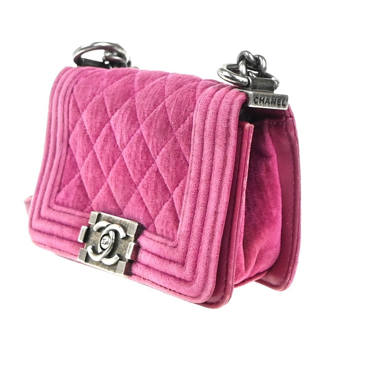 CHANEL CC Boy Matelasse Chain Mini Shoulder Bag Velvet Leather Pink SHW 652RP053