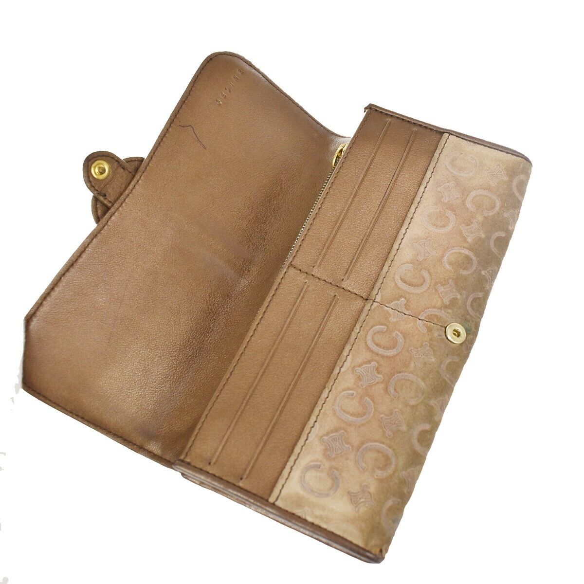 CELINE Logo Macadam Long Bifold Wallet Purse Suede Leather Brown 07GA648