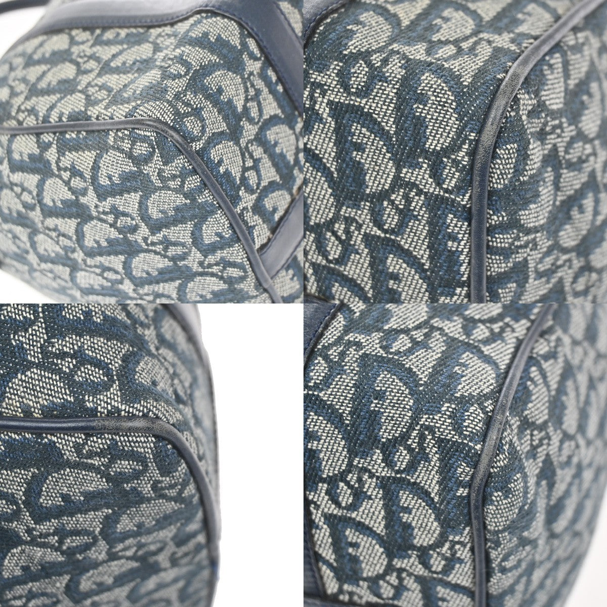 CHRISTIAN DIOR Logo Trotter Pattern Hand Bag Canvas Leather Navy Blue 93YH969