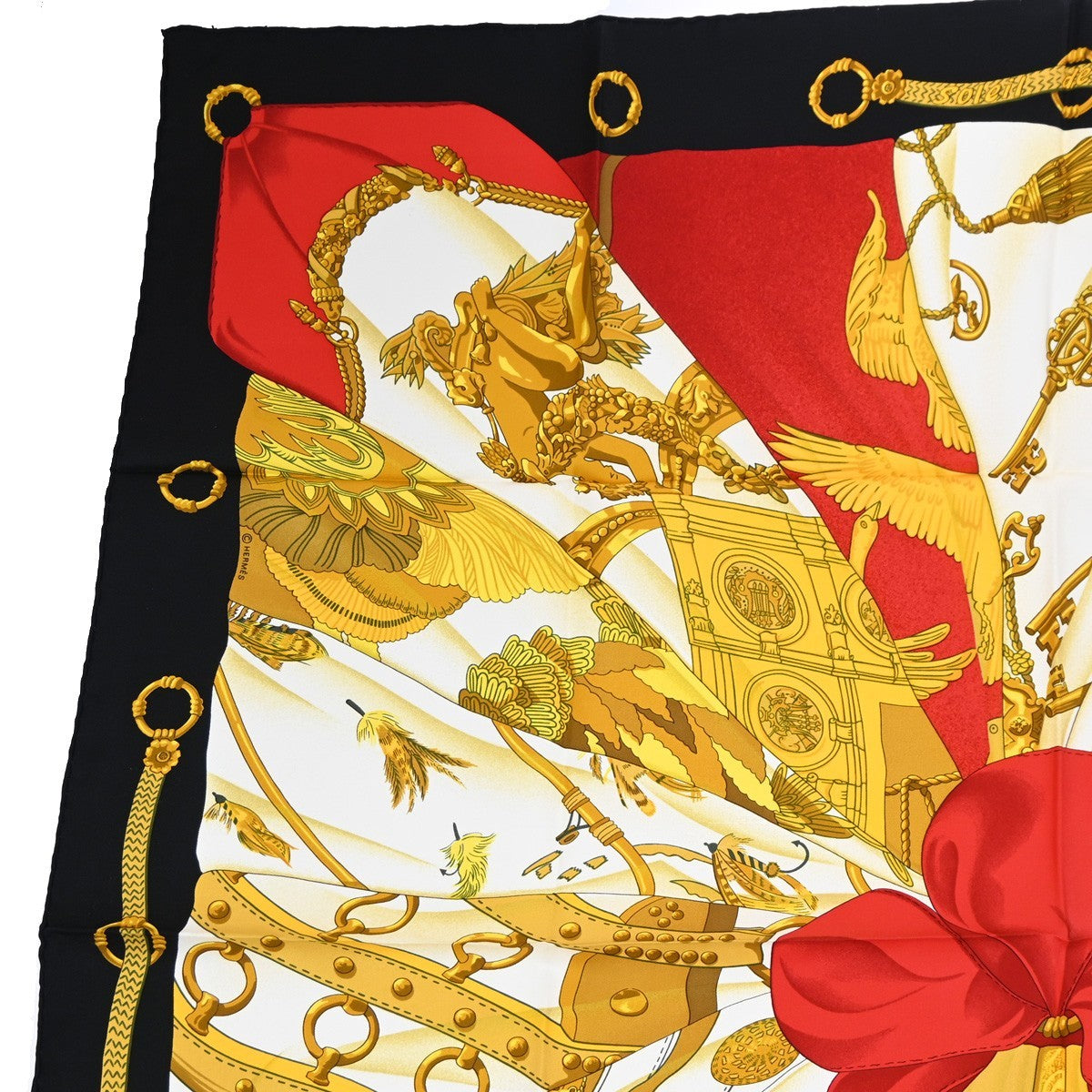 HERMES XL Carre Scarf Soleil de soie 100% Silk Black Gold Red France 69RL752