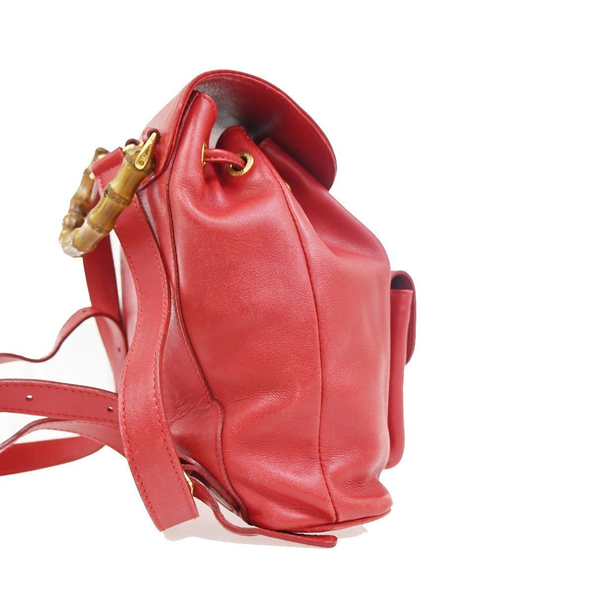 GUCCI Logo Bamboo Drawstring Mini Backpack Bag Leather Red GHW Italy 62ZA194