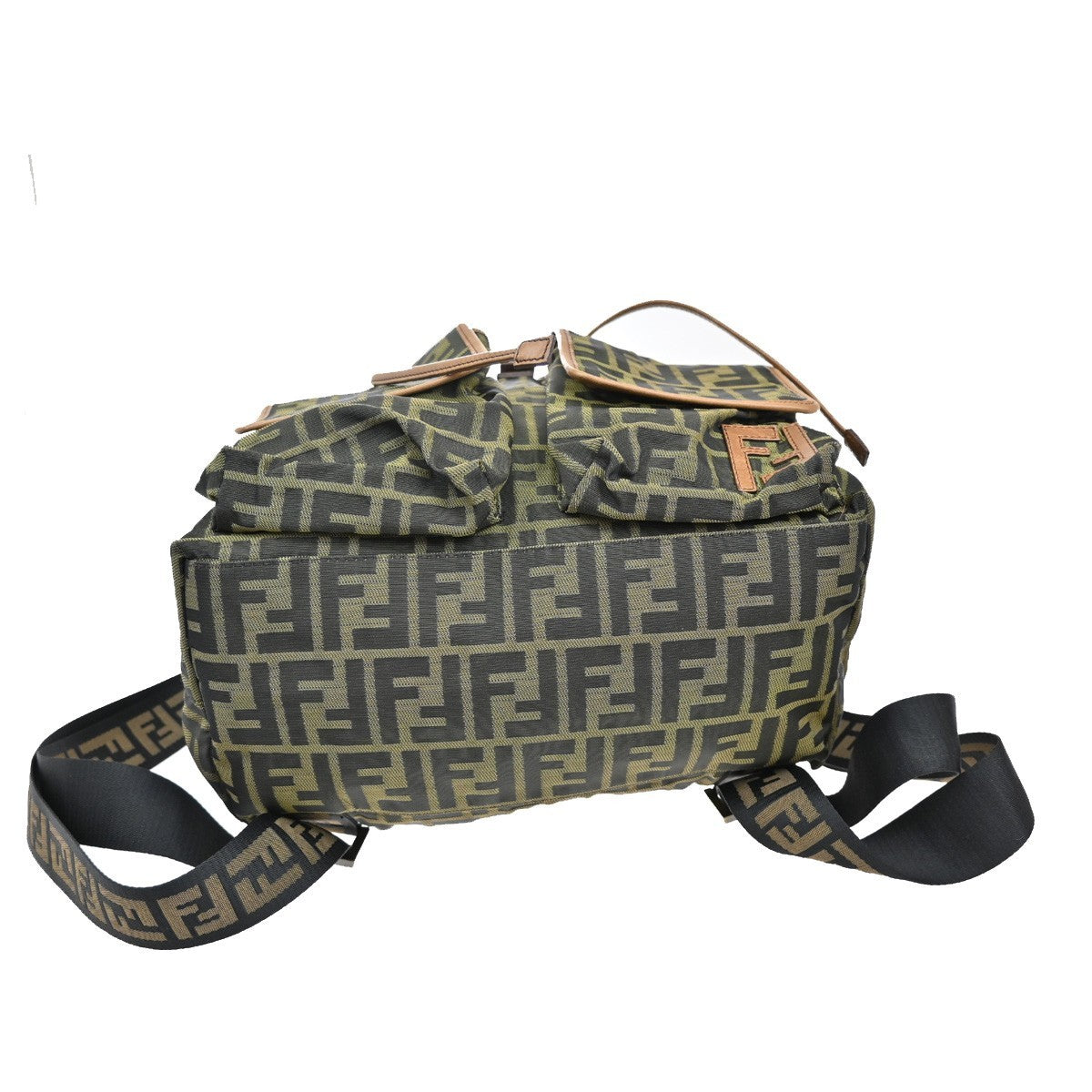 FENDI Logo Zucca Backpack Bag Canvas Leather Brown Khaki Italy 18KB450