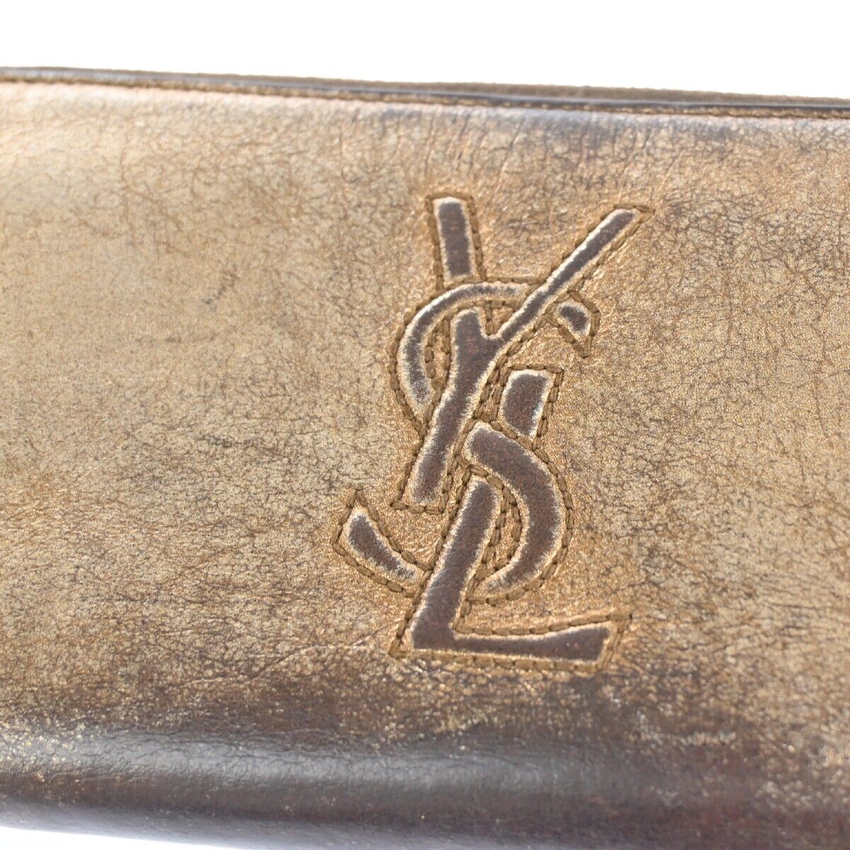 YVES SAINT LAURENT Logo Long Zipper Wallet Purse Leather Metallic Gold 07HB850