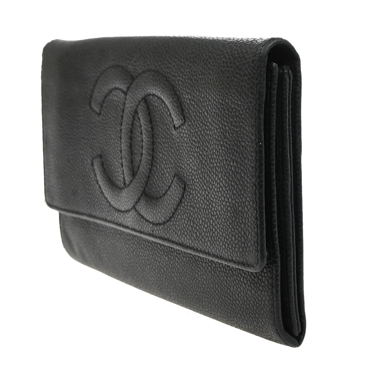 CHANEL CC Logo Bifold Long Wallet Grained Calfskin Leather Black Italy 65MA653