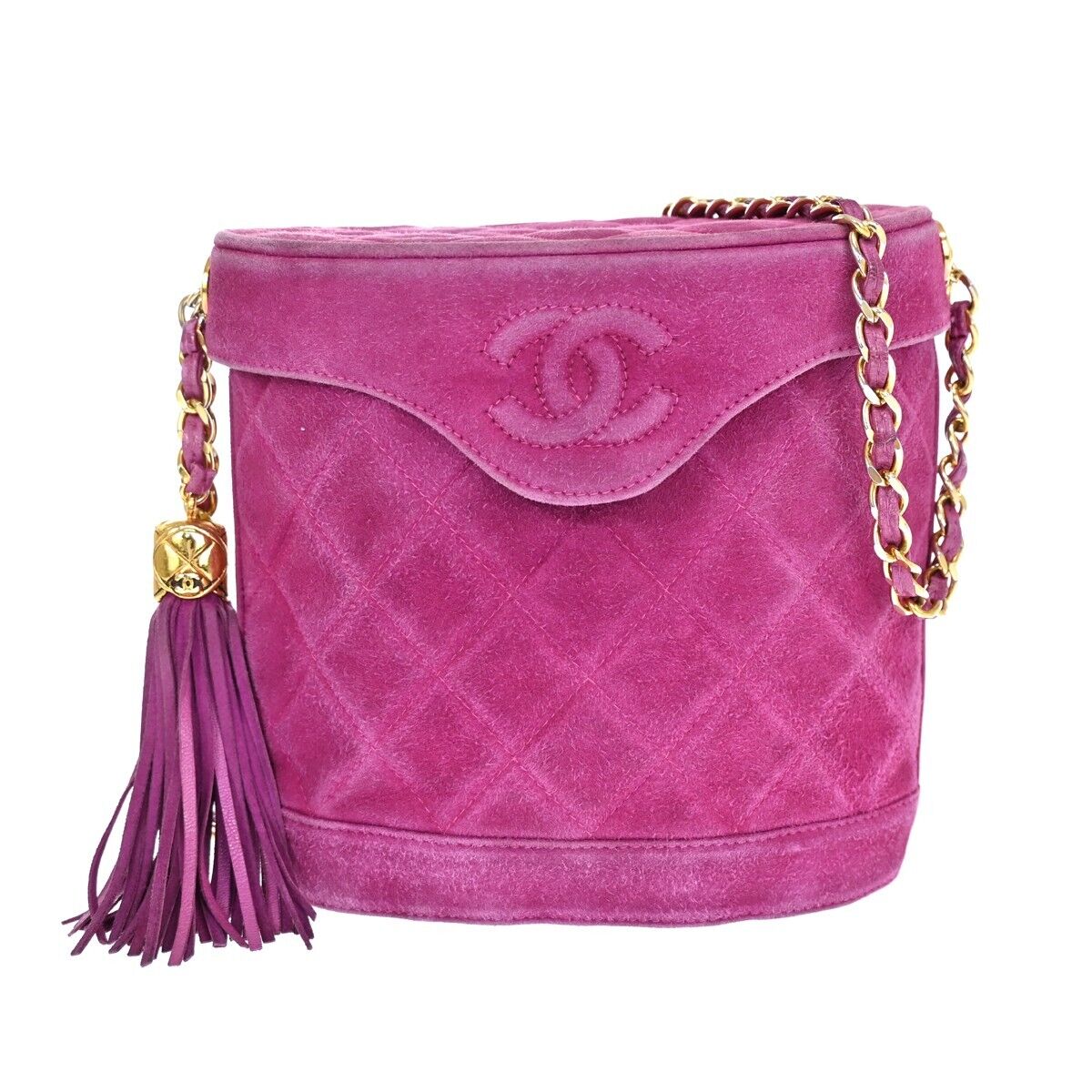 CHANEL CC Logo Fringe Shoulder Vanity Bag Suede Leather Purple Vintage 638HB349