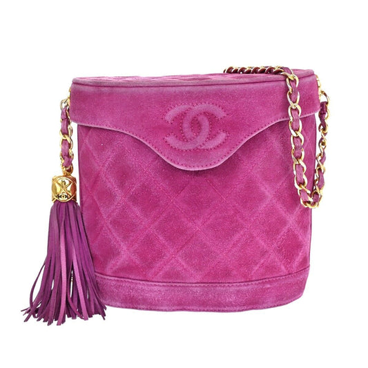 CHANEL CC Logo Fringe Shoulder Vanity Bag Suede Leather Purple Vintage 638HB349