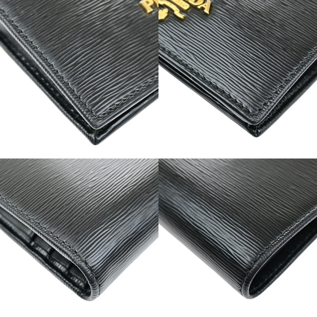PRADA MILANO Logo Bifold Compact Wallet Vitello Move Leather Black Gold 61ED448