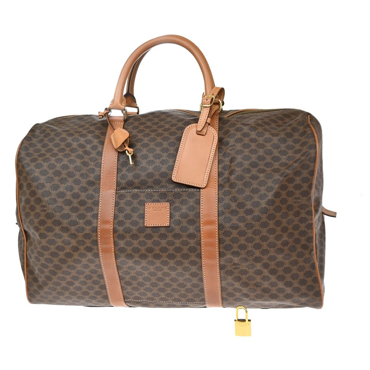 CELINE Logo Macadam Pattern Boston Hand Bag PVC Leather Brown GHW 30CA937