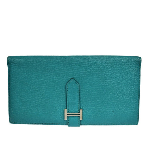 HERMES H Logo Bearn Long Bifold Wallet Purse Chevre Leather Green 32RH514