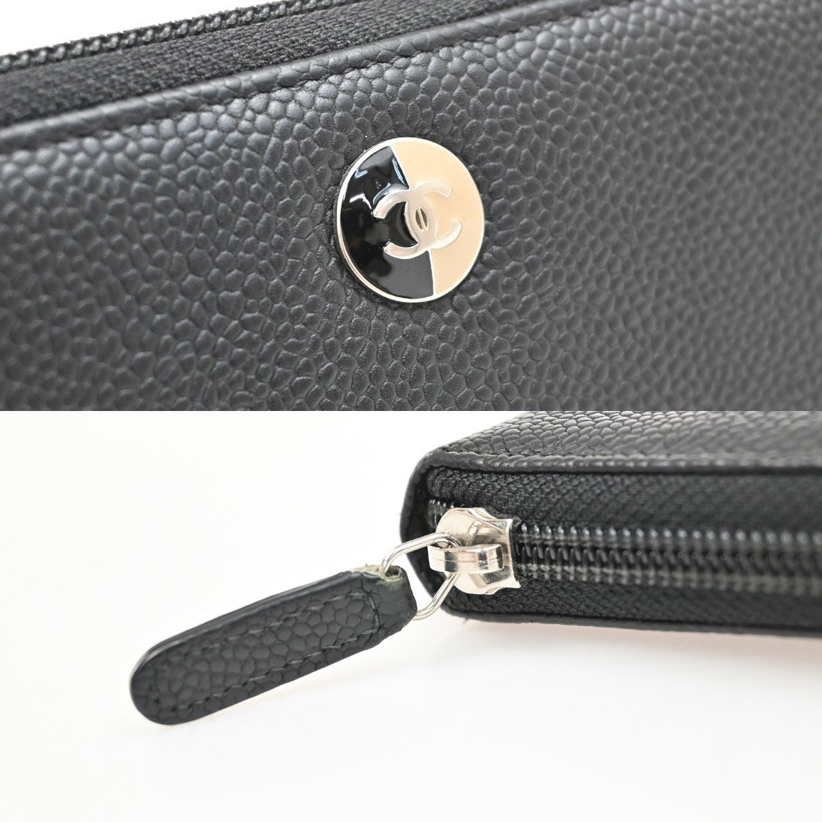 CHANEL CC Zipper Long Bifold Wallet Purse Grained Calfskin Leather Black 80KB288