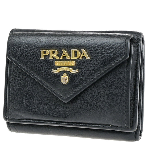 PRADA Logo Small Mini Trifold Wallet Purse Leather Black GHW Italy 05YG160
