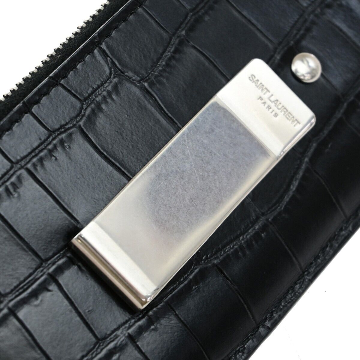 SAINT LAURENT Logo Compact Card Case Coin Wallet Embossing Leather Black 62EE084