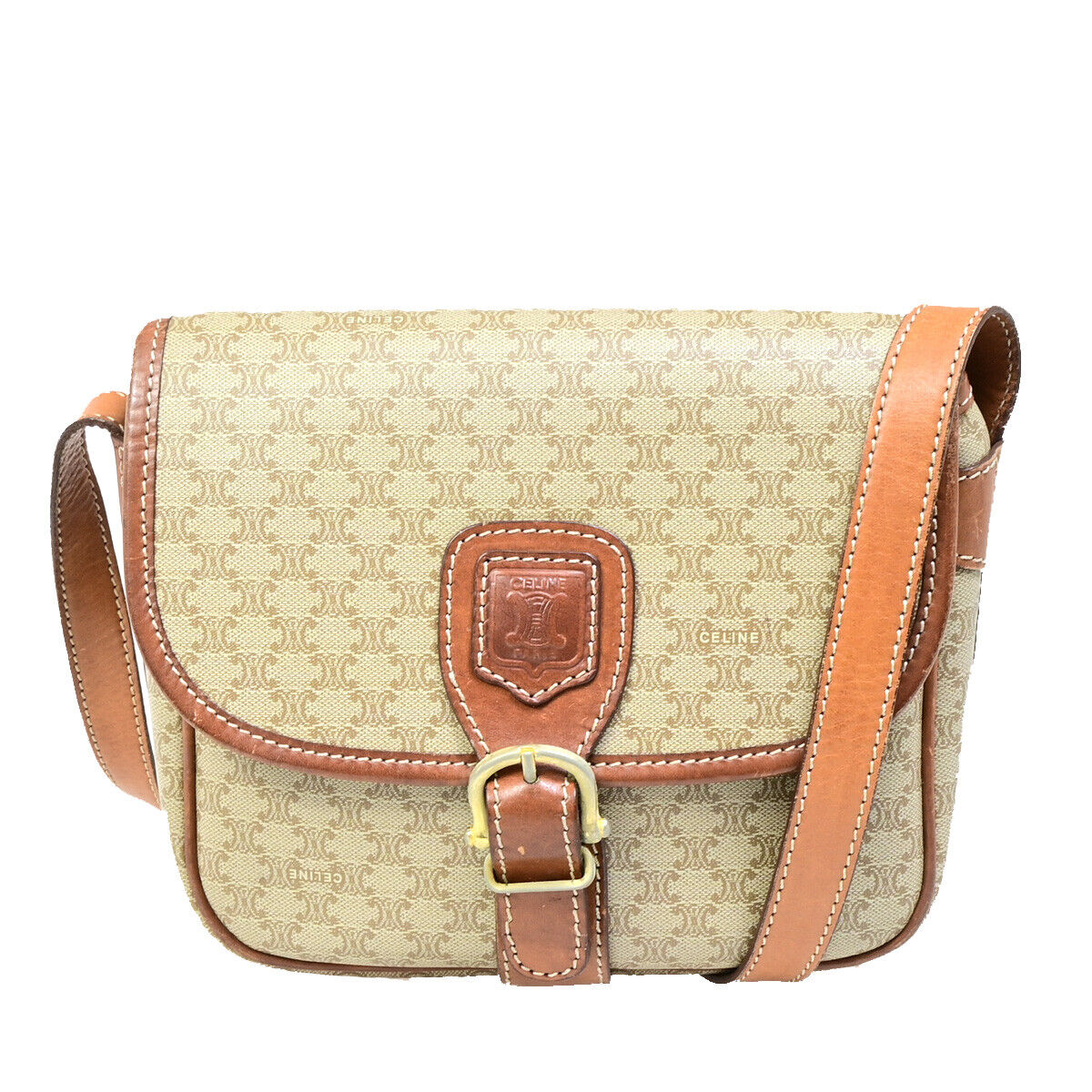 CELINE Logo Macadam Pattern Shoulder Tote Bag PVC Leather Brown GHW 30SJ064