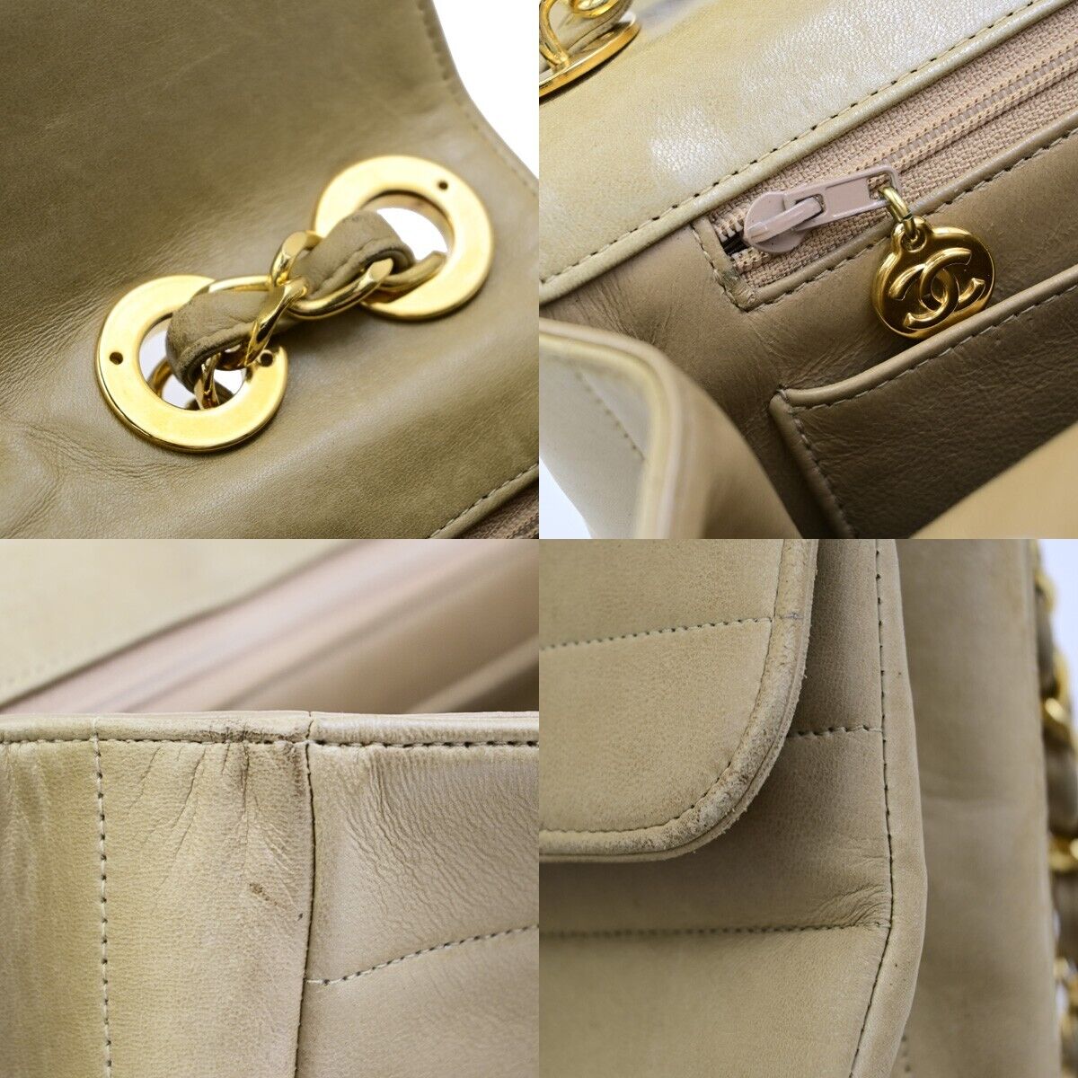 CHANEL CC Horizontal Stitch 30 Chain Shoulder Bag Leather Beige Vintage 653RF229