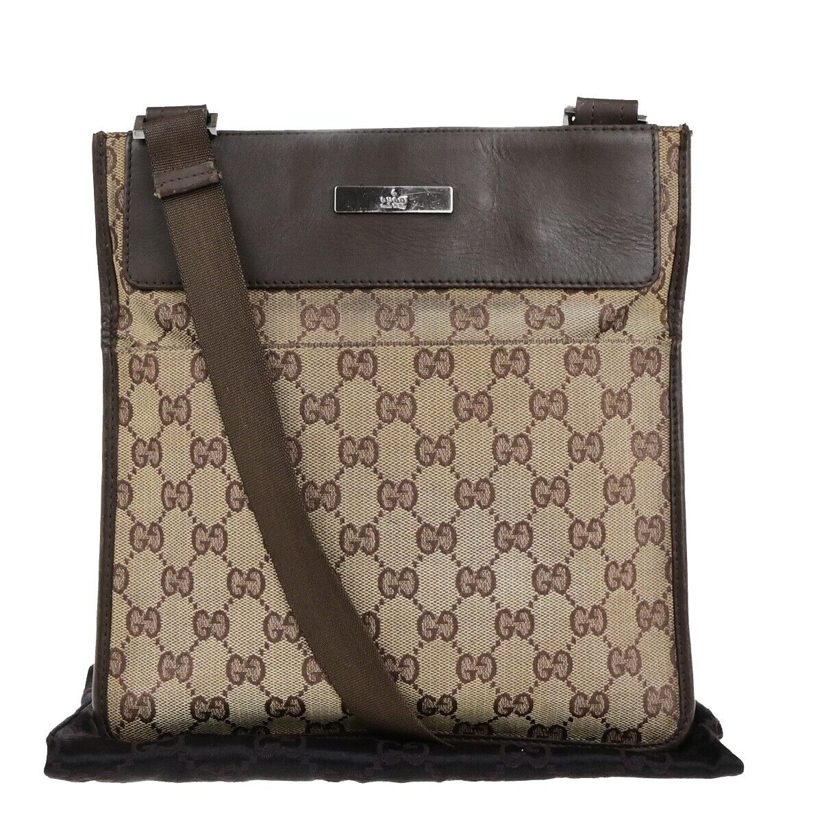GUCCI Logo GG Pattern Shoulder  Bag Canvas Leather Brown Silver Italy 66ED404