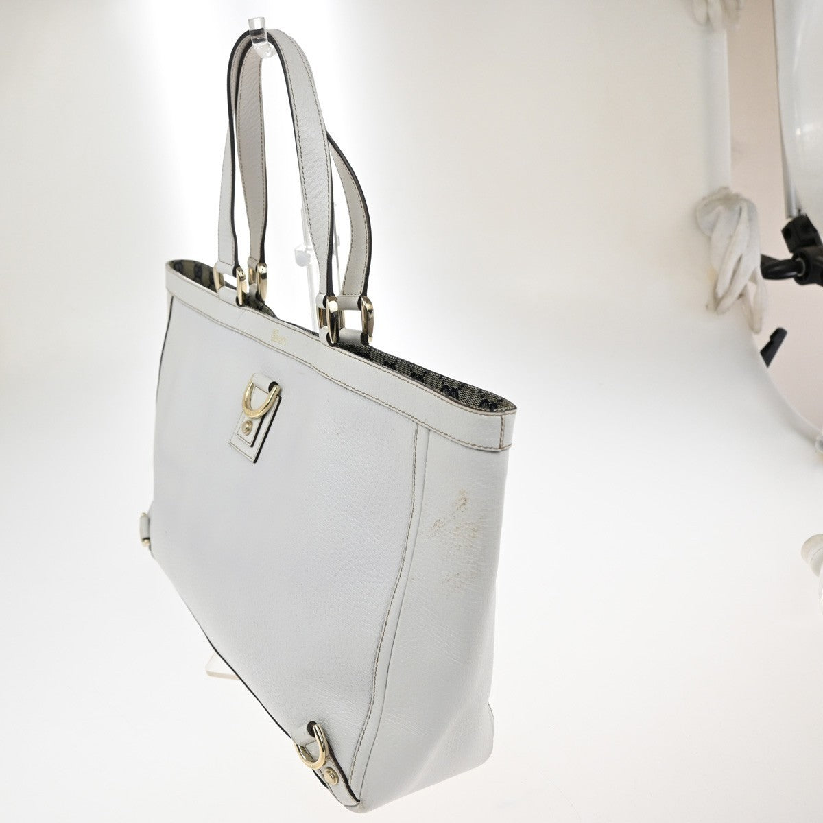 GUCCI Logo GG Pattern Abbey Shoulder Tote Bag Canvas Leather White GHW 34TA557