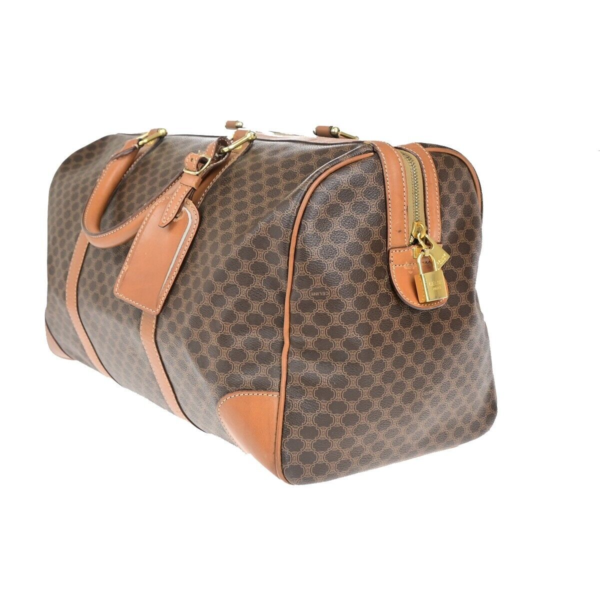 CELINE Logo Macadam Pattern Travel Hand Bag PVC Leather Brown Gold Italy 62EC911