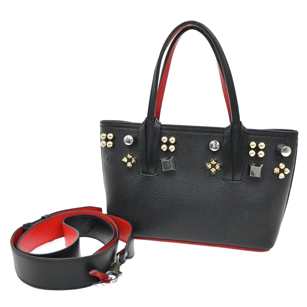 CHRISTIAN LOUBOUTIN Logo Studs 2Way Shoulder Hand Bag Leather Black 33YH852