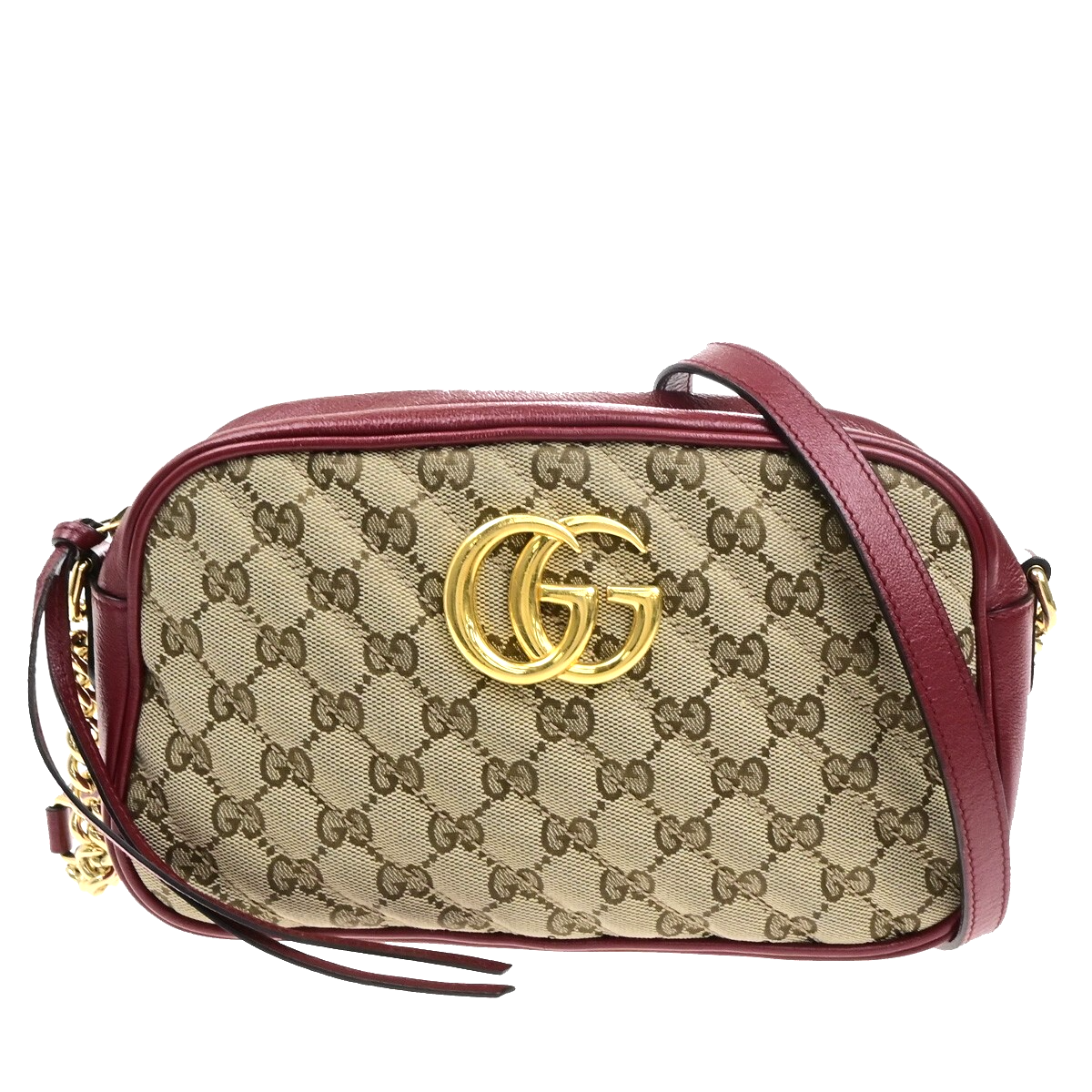 GUCCI Marmont GG Pattern Chain Shoulder Bag Canvas Leather Brown Red 600KB508