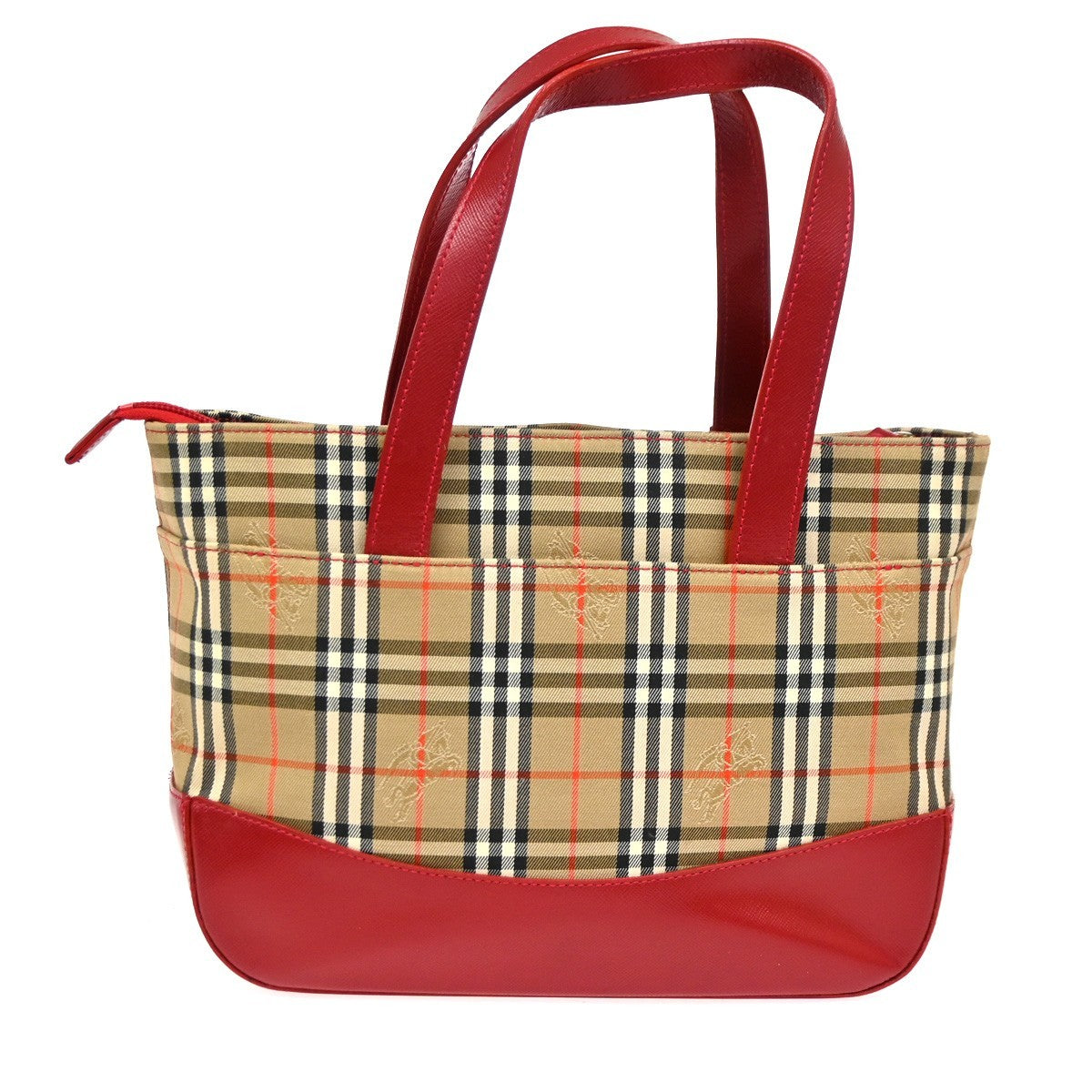 Burberrys Logo Nova Check Tote Handbag Canvas Leather Red Brown GHW  62DA319