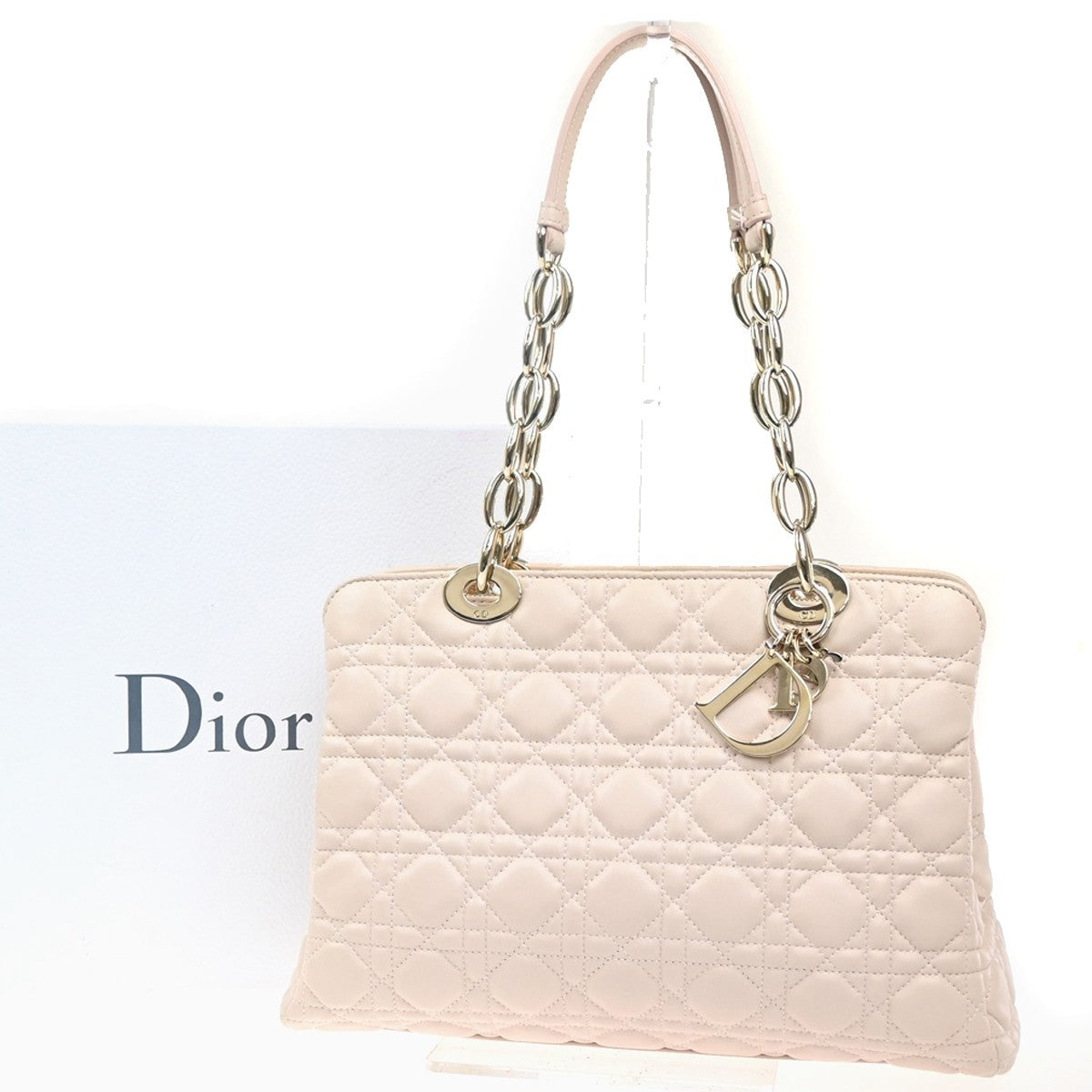 CHRISTIAN DIOR Logo Cannage Chain Shoulder Bag Leather Pink GHW Italy 689RL954