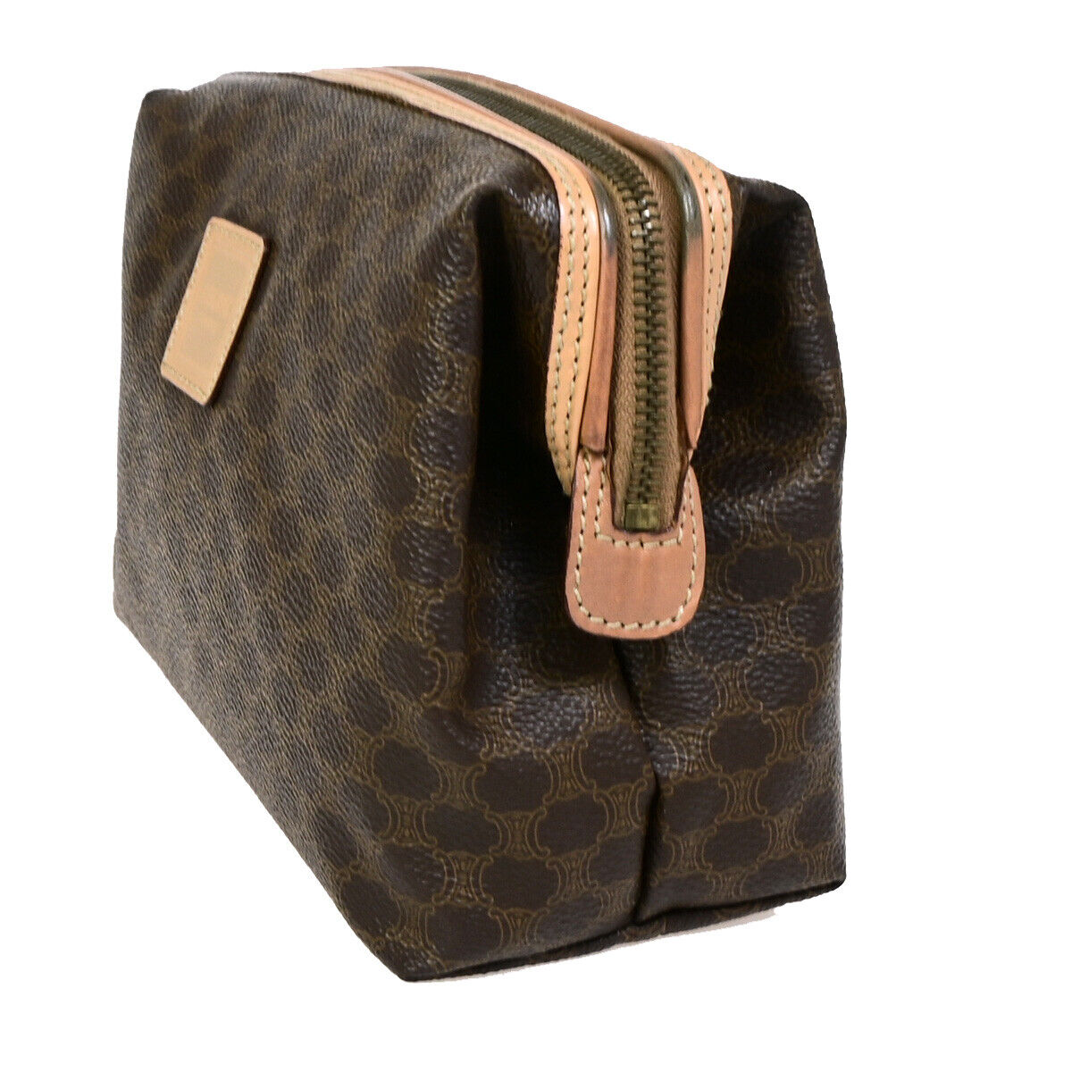 CELINE Logo Macadam Pattern Pouch Hand Bag PVC Leather Brown GHW 04SJ099