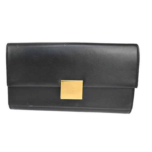 SAINT LAURENT Logo Long Bifold Wallet Purse Leather Black Gold Italy 68YD902