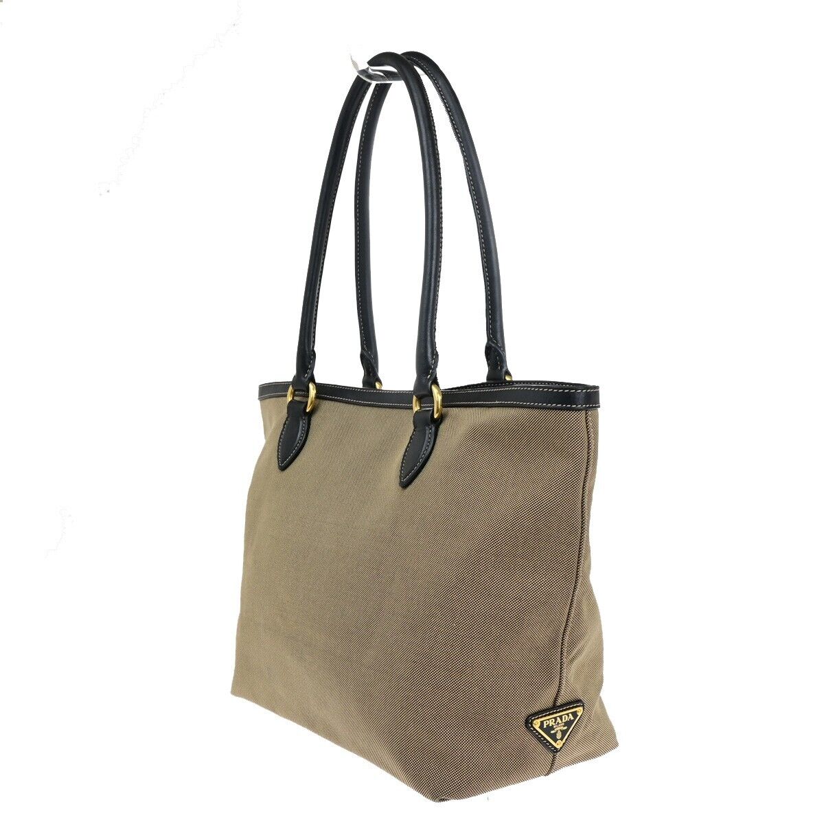 PRADA MILANO Logo Jacquard Shoulder Bag Canvas Leather Brown Black Gold 75SH961