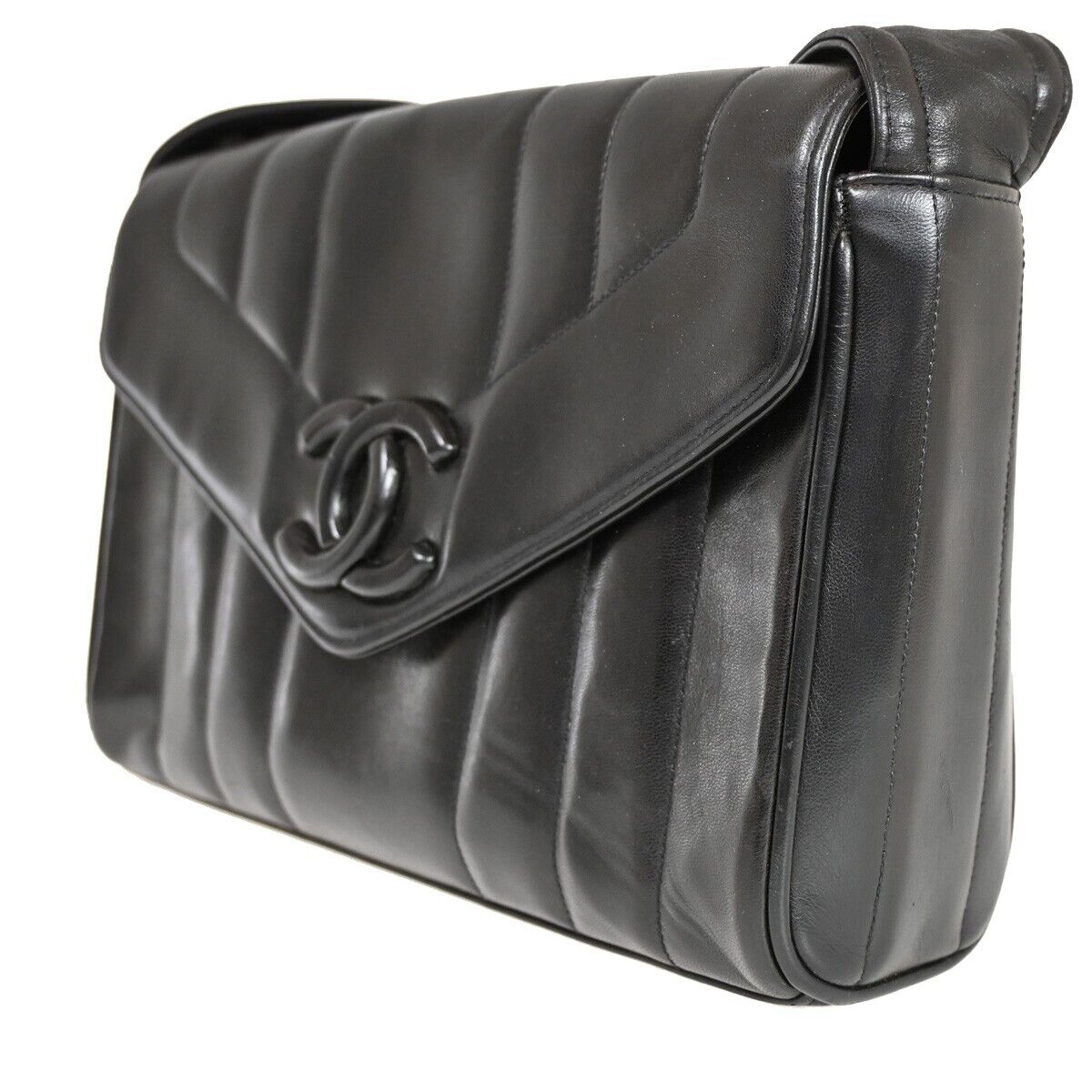CHANEL CC Logo Mademoiselle Shoulder Bag Leather Black GHW Vintage 373RF094